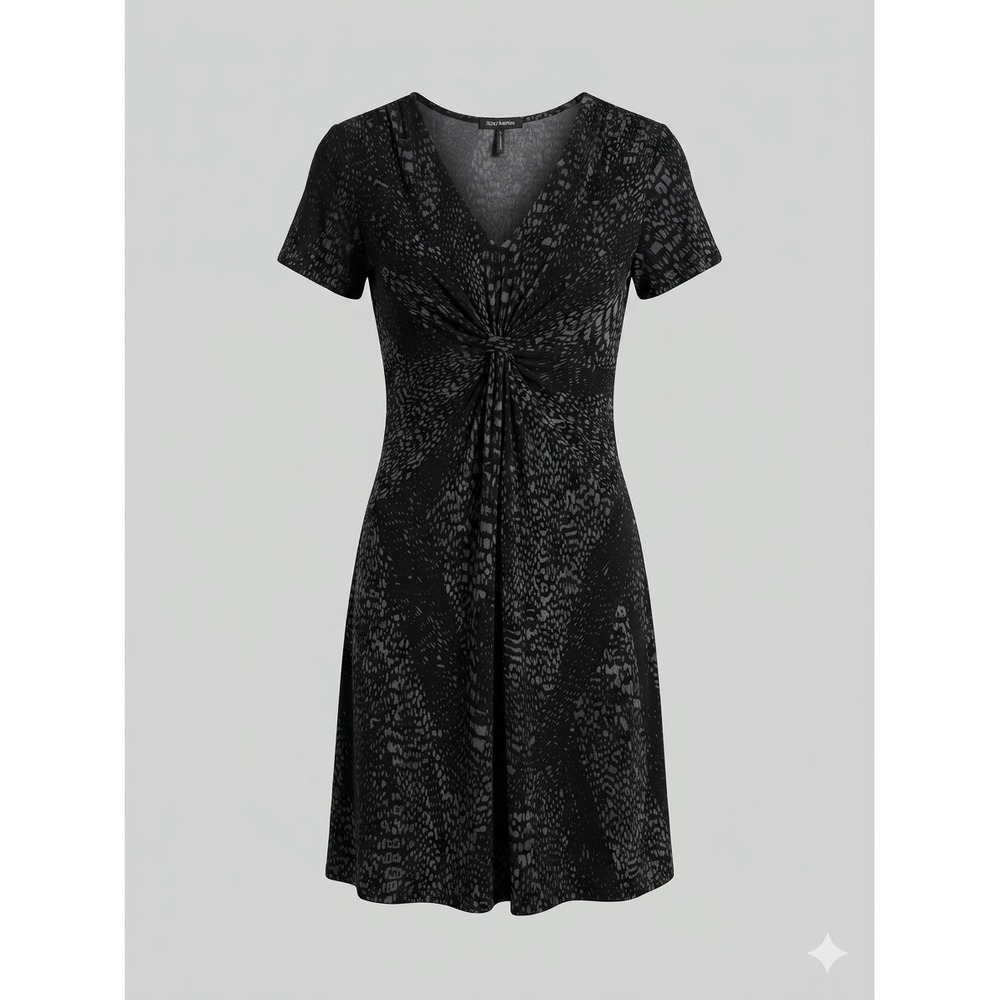 Daisy Fuentes Petites Black Gray Abstract Twist Front Sheath Dress PM Onyx Combo